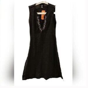 NWT BOHO %100 Cotton Slimming Swim Coverup Black Embroidered Deep V-Neck